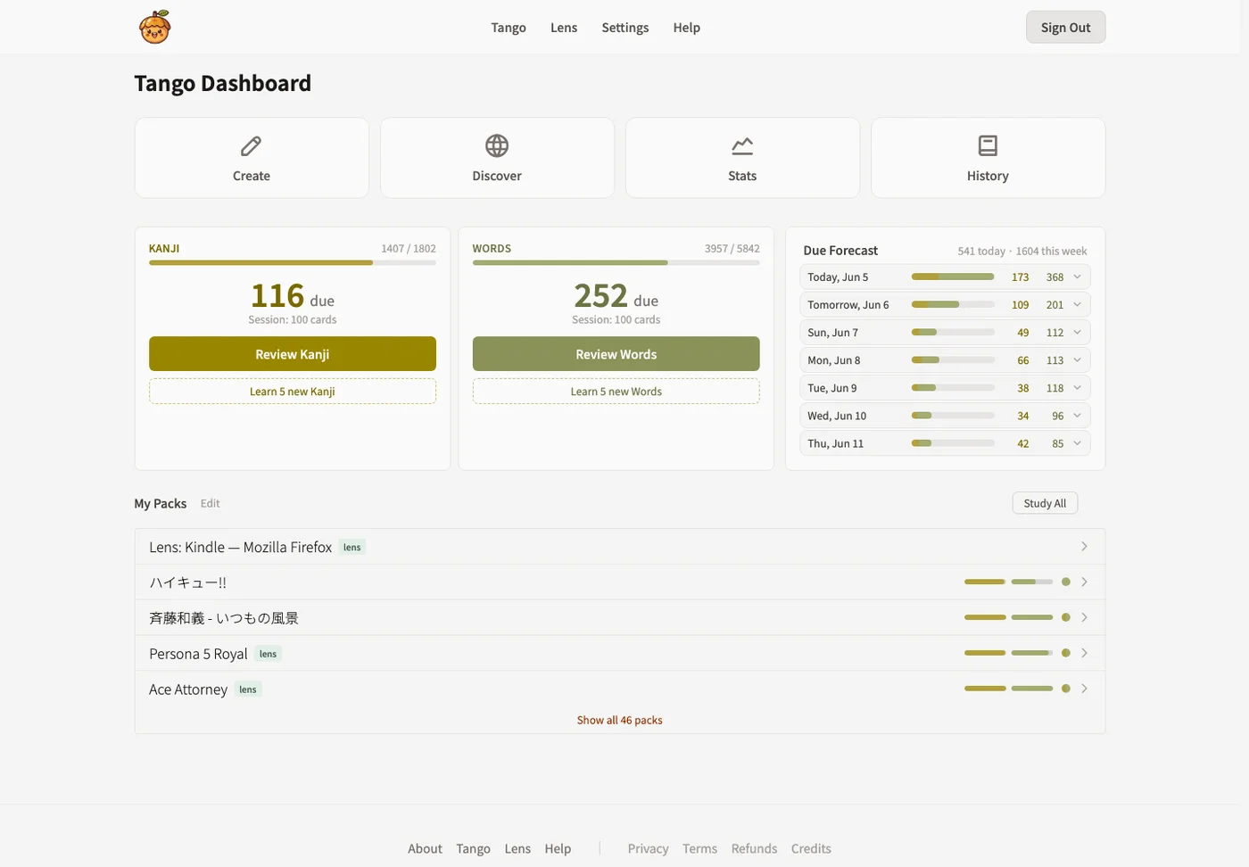 Tango dashboard showing due kanji, due words, a forecast, and study material.