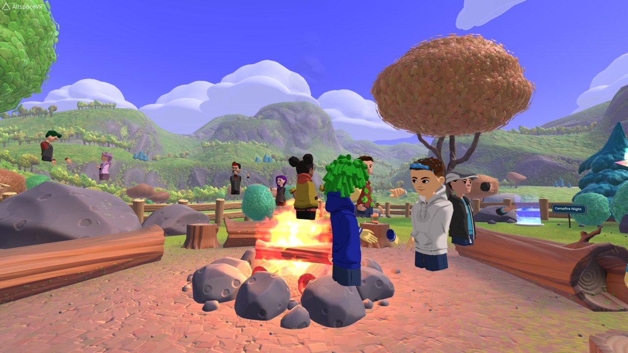 AltspaceVR avatars gathered around a campfire in a bright virtual world.