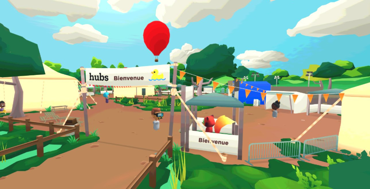 A bright low-poly Hubs community fair scene with tents, signs, trees, and avatars.