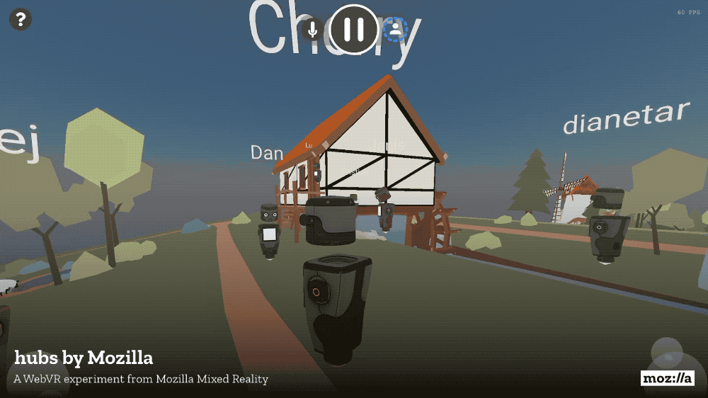 Early Hubs room with avatars standing around a small low-poly house.