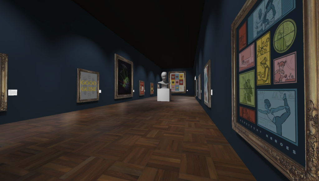 A Mozilla Hubs virtual art gallery with framed artwork on dark walls.