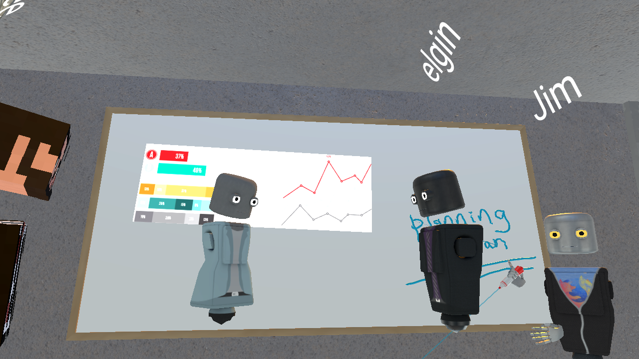 Hubs avatars around a whiteboard in a shared 3D meeting room.