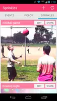 Sprinkles event list with kickball and bowling video collections.
