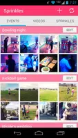 Sprinkles screen with rows of videos grouped under events.